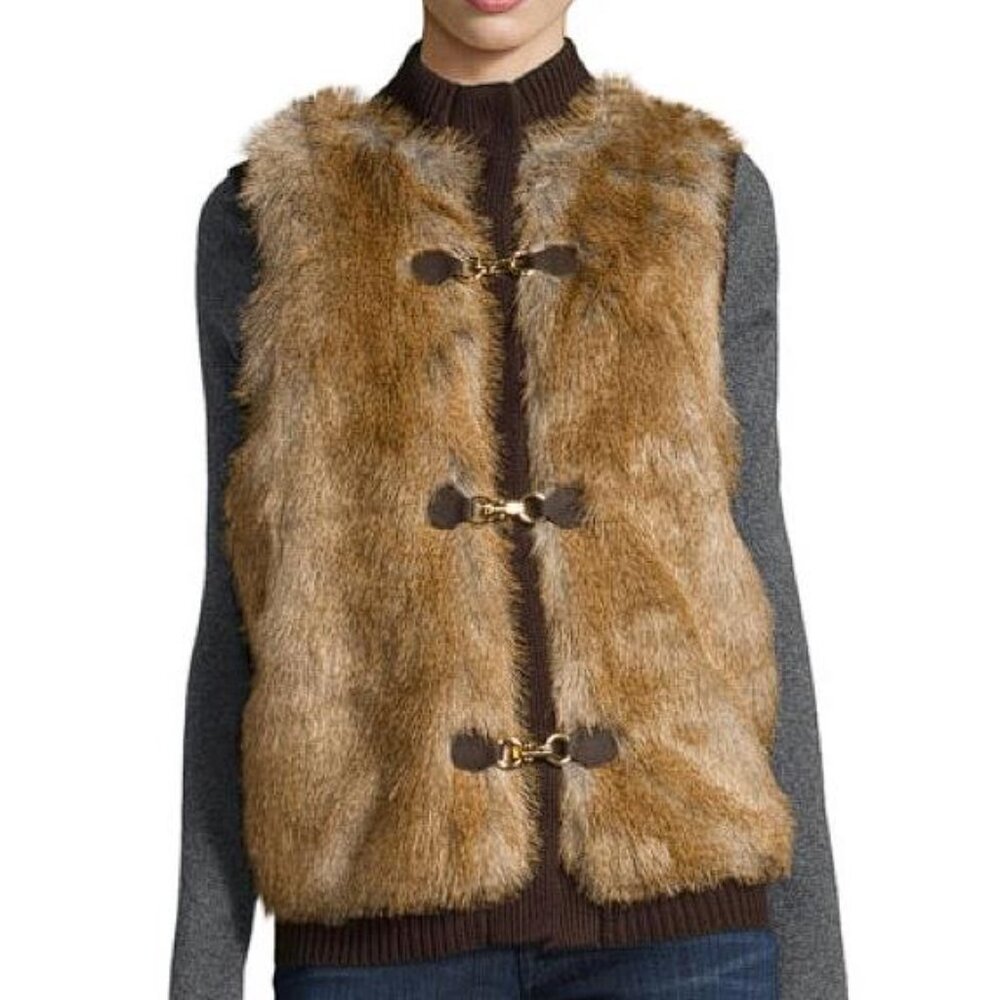 MICHAEL KORS Women's Faux Fur Sweater Vest Size L In Chocolate